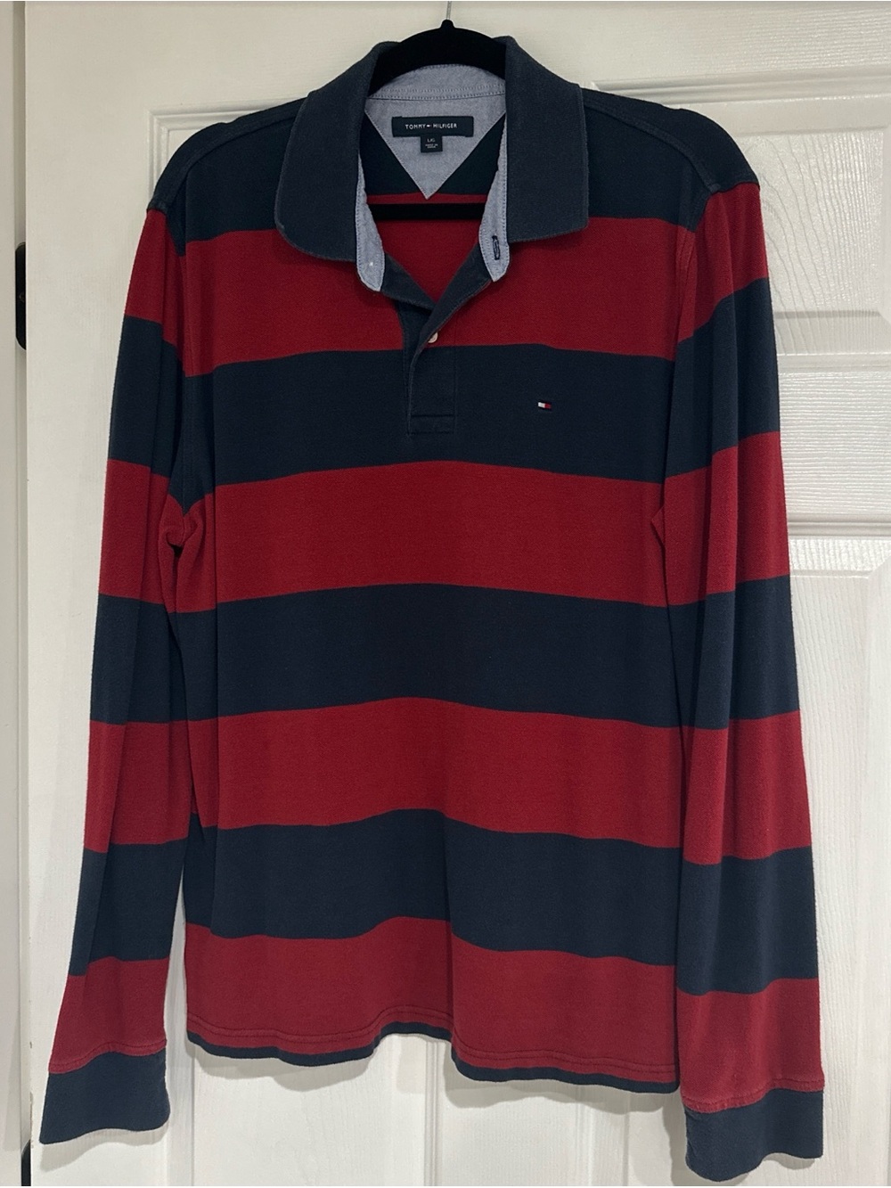 Tommy Hilfiger Men’s Red and Navy Striped Long-Sleeve Polo